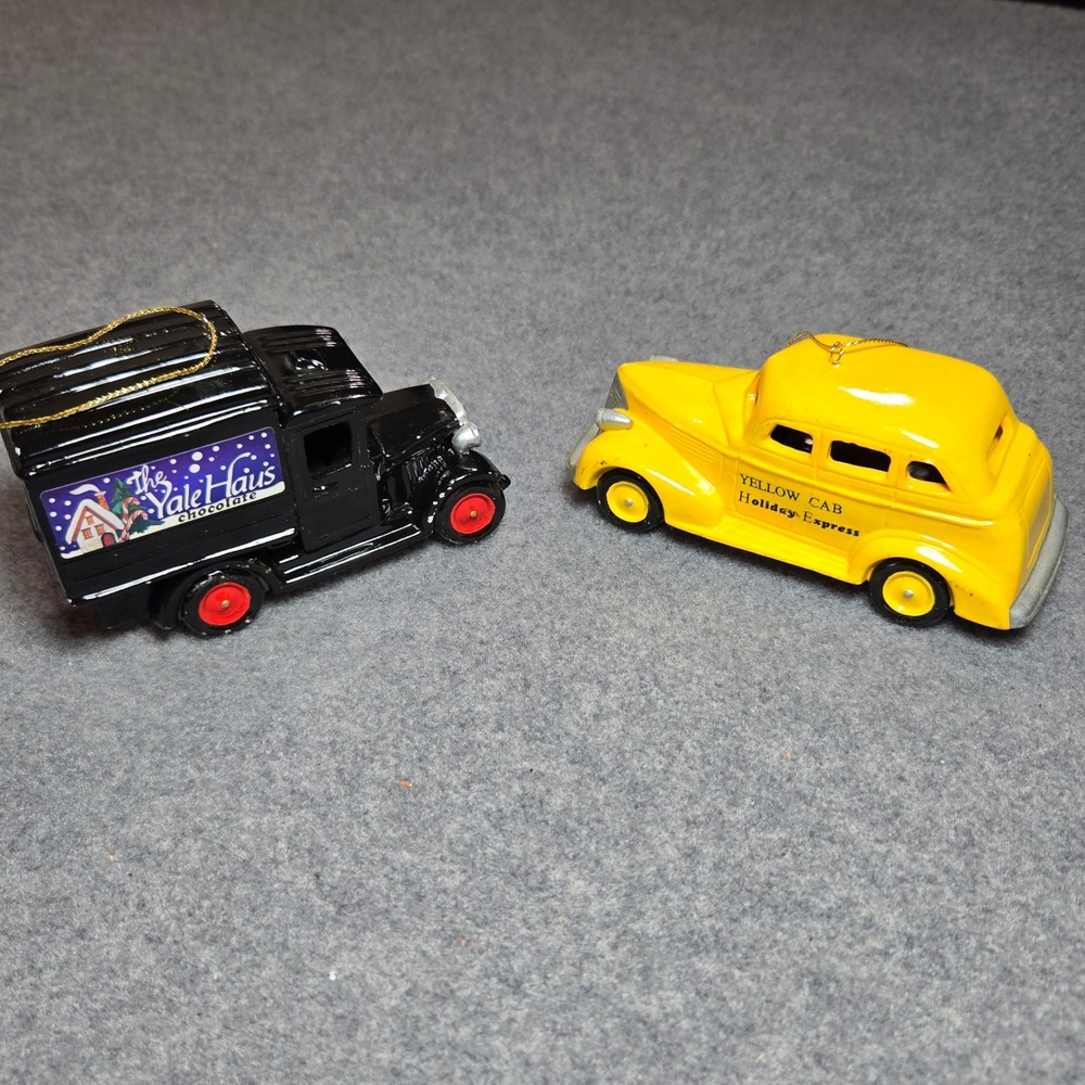 O'Well Vintage Ceramic Christmas Ornaments Yellow Cab & Yale Haus Truck Set of 2